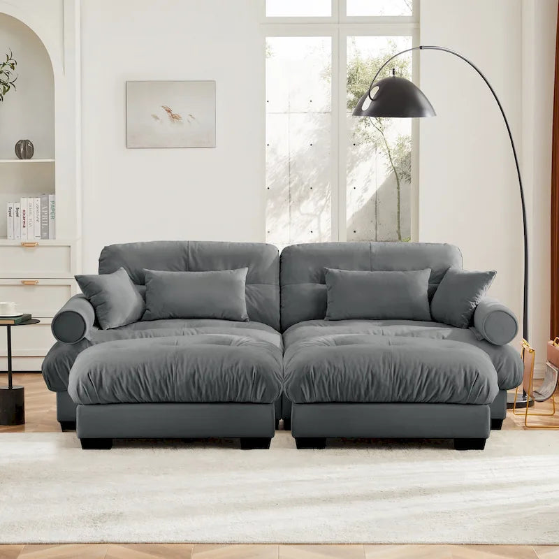 Velvet Fabric Loveseat Couch Modular Sectional Sofa with 2 Ottomans