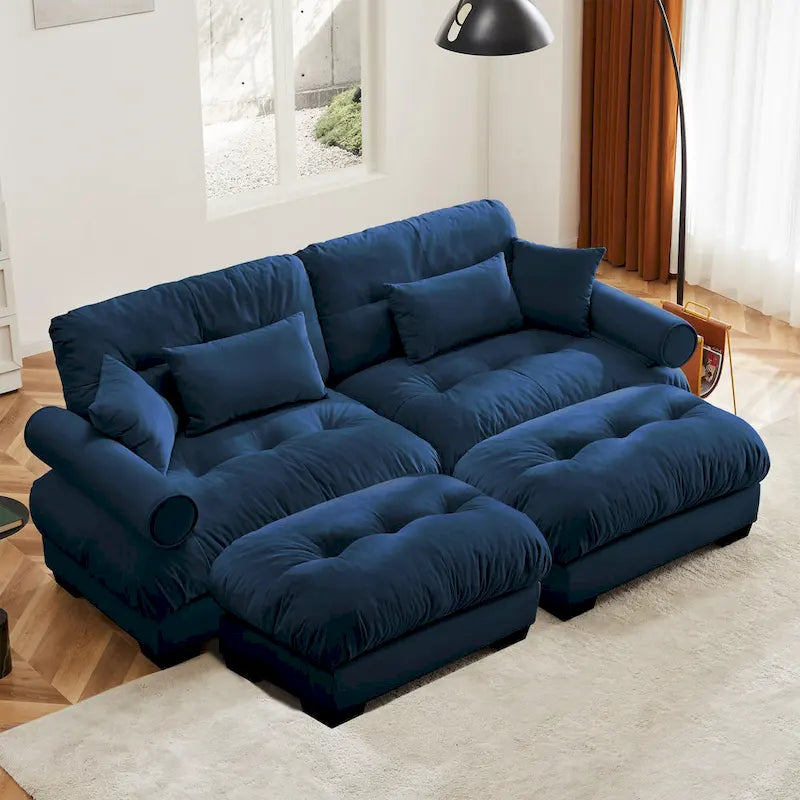 Velvet Fabric Loveseat Couch Modular Sectional Sofa with 2 Ottomans