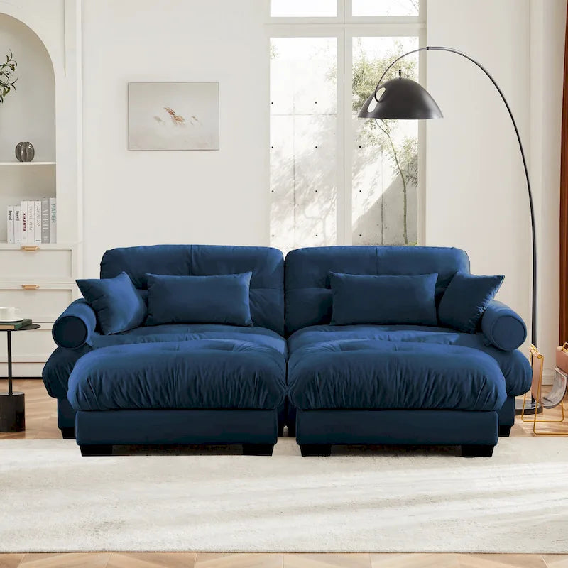 Velvet Fabric Loveseat Couch Modular Sectional Sofa with 2 Ottomans