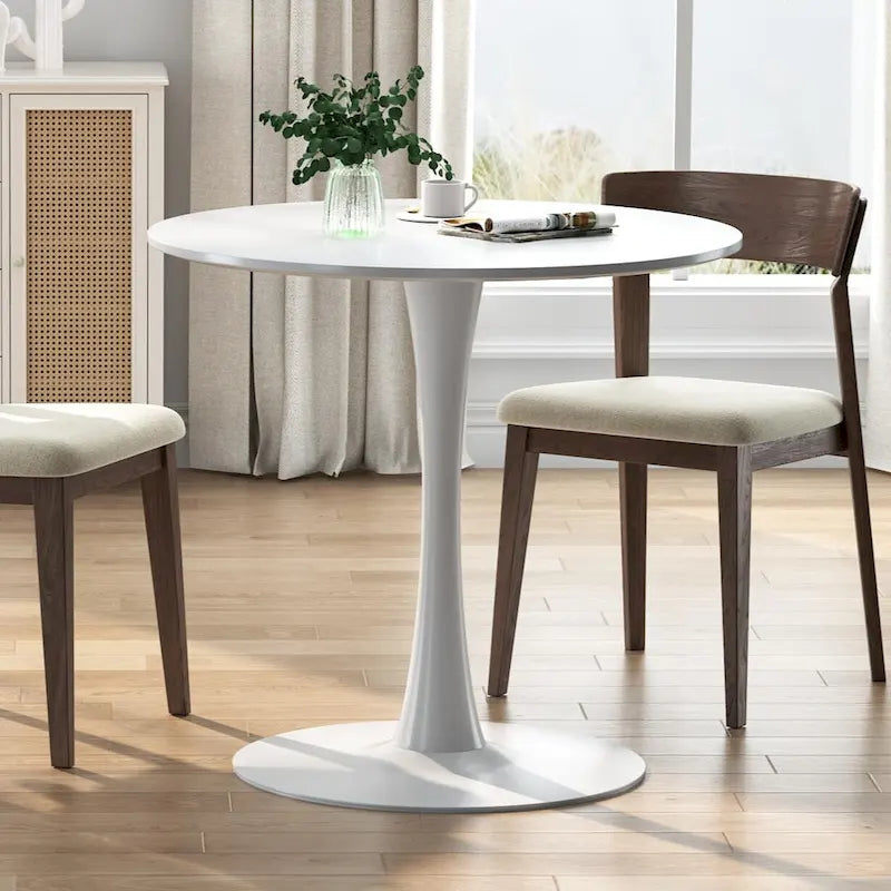 Mid-Century Modern Round Kitchen or Dining Table with Steel Pedestal Base for Dining Room - 31.5