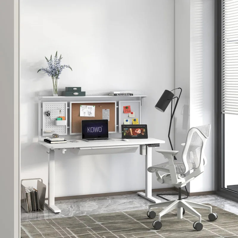 KOWO 55  White Electric Standing Desk w/Drawer & Backboard Height Adjustable Sit Stand Workstation for Home Office