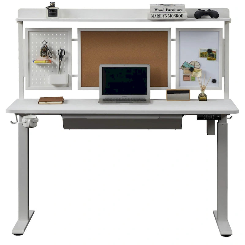 KOWO 55  White Electric Standing Desk w/Drawer & Backboard Height Adjustable Sit Stand Workstation for Home Office