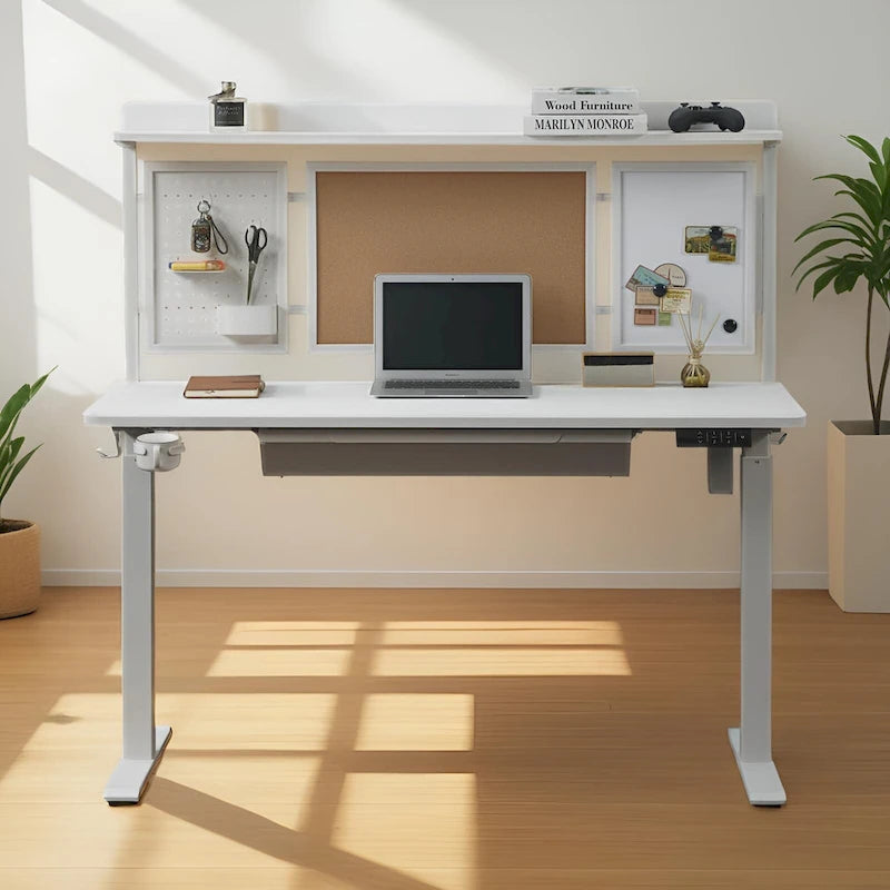 KOWO 55  White Electric Standing Desk w/Drawer & Backboard Height Adjustable Sit Stand Workstation for Home Office