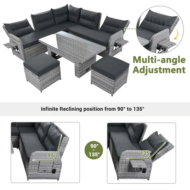 Outdoor Rattan Furniture Set with Adjustable Table, Recliners and 2 Ottomans