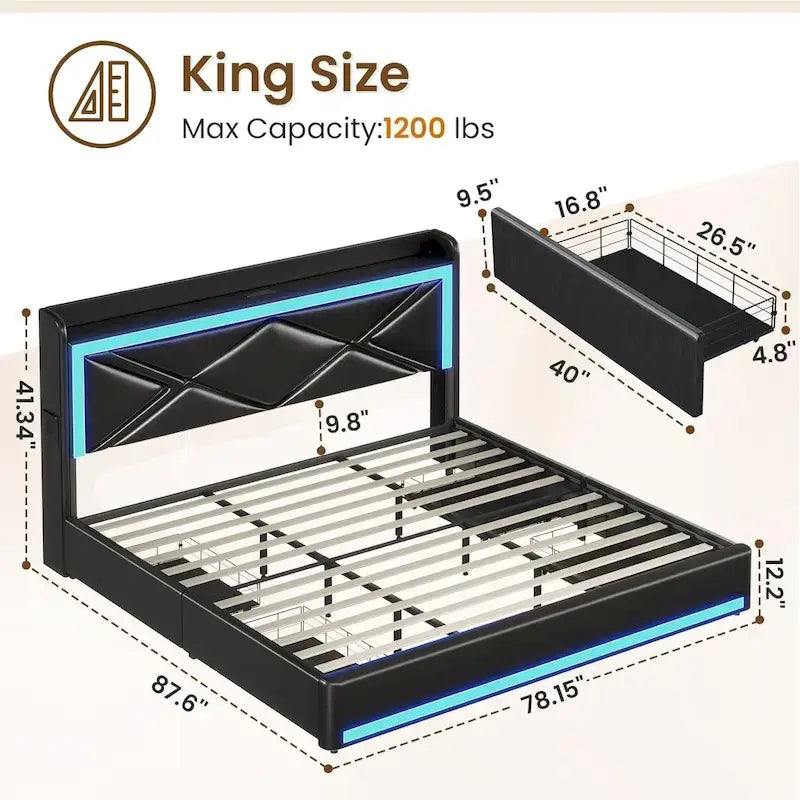 Bed Frame LED Lights Headboard & USB-C/A Charging Station 4 Drawers