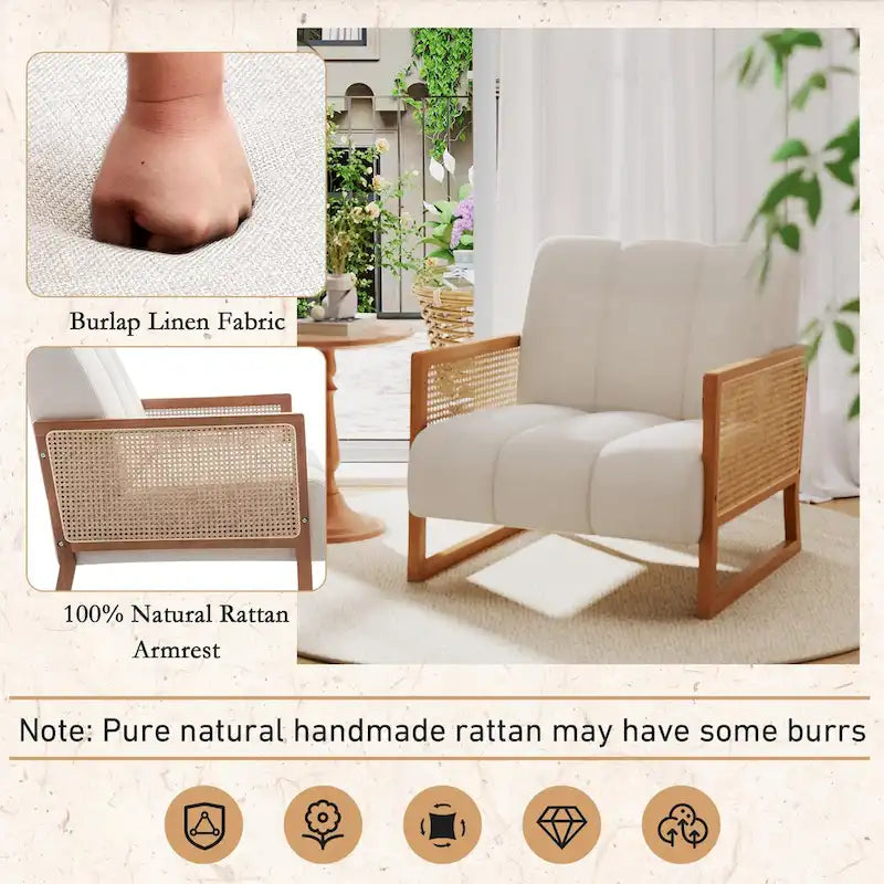Rattan Accent Chairs, Upholstered Natural Rattan Chair Mid Century Modern Linen Armchair Side Chairs for Living Room Bedroom