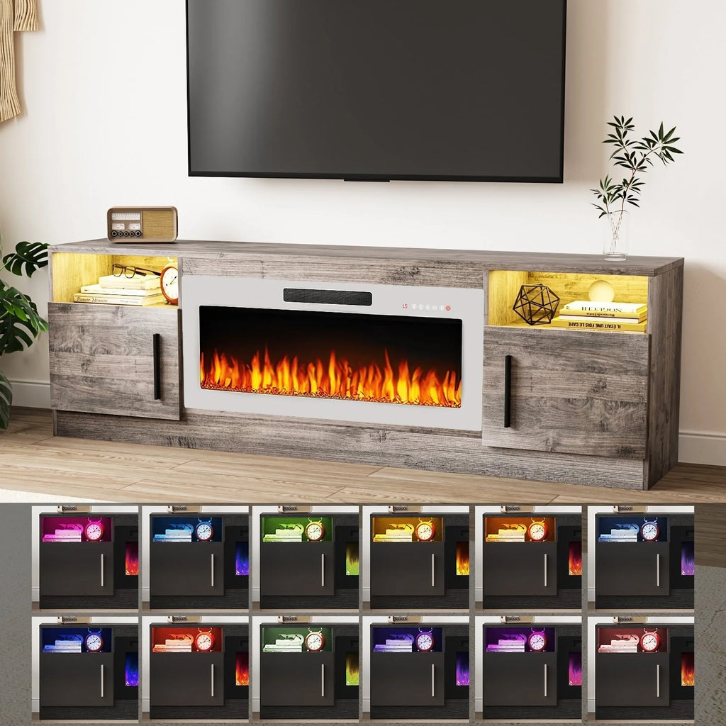 Meuble TV cheminée Bossin 70 avec cheminée électrique 36, meuble TV pour téléviseurs jusqu'à 80 pouces, lumières LED 16 couleurs/centre de divertissement