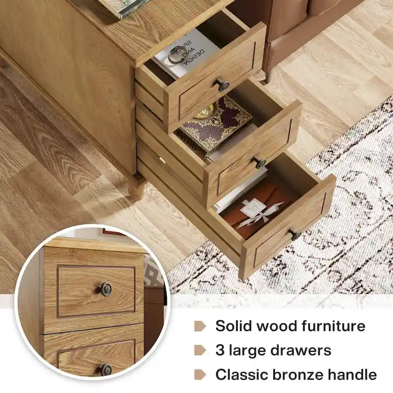 Fully Assembled Narrow End Table, Solid Wood Side Table with 3 Drawers, Vintage Nightstand Slim Bedside Table for Small Spaces