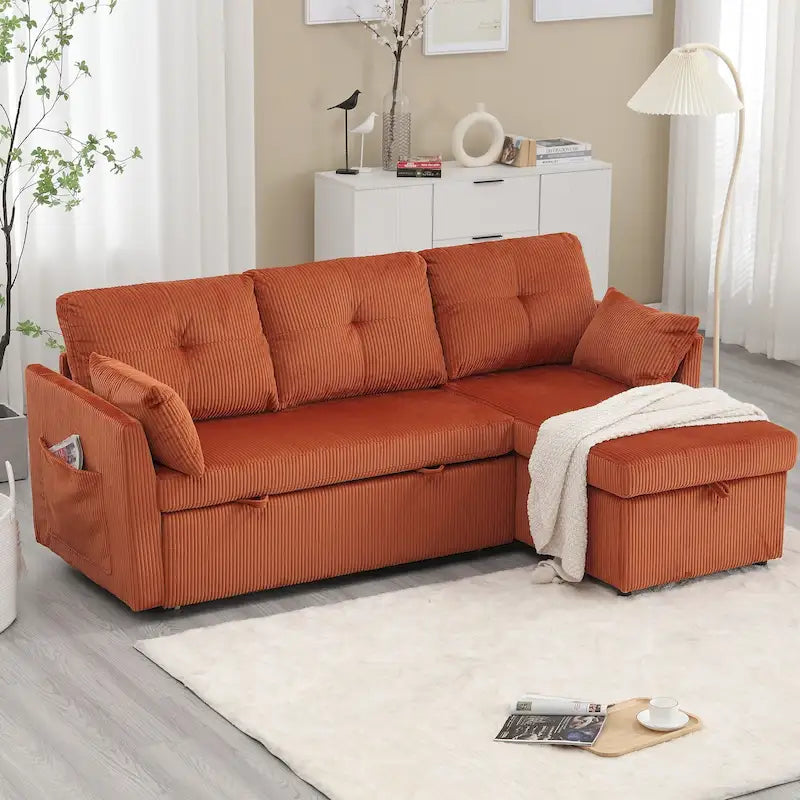 Corduroy/Chenille Upholstered L-Shaped Storage Reversible Chaise Sectional Sofa with Side Pocket