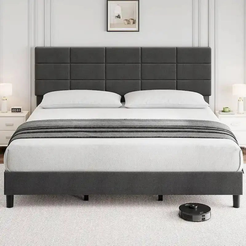 Linen Upholstered Bed Frame with Wooden Slats Support