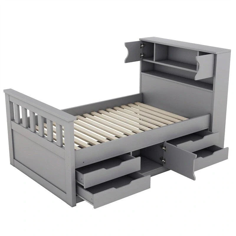 Twin/Full Size Captain Platform Bed with 4 Drawers and Storage Shelves, Solid Wood Bed Frame with Storage Bookcase Headboard