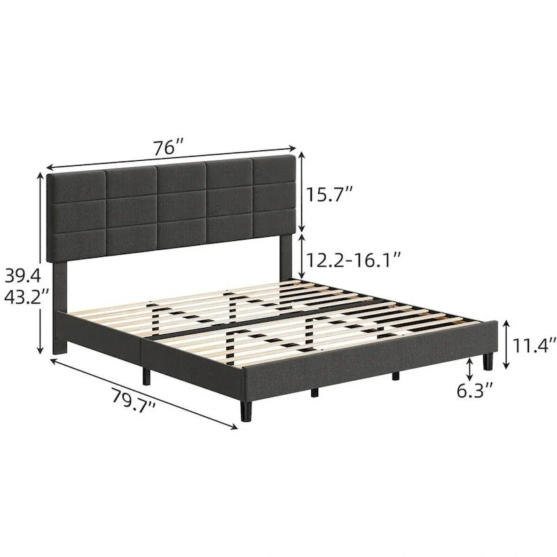 Linen Upholstered Bed Frame with Wooden Slats Support