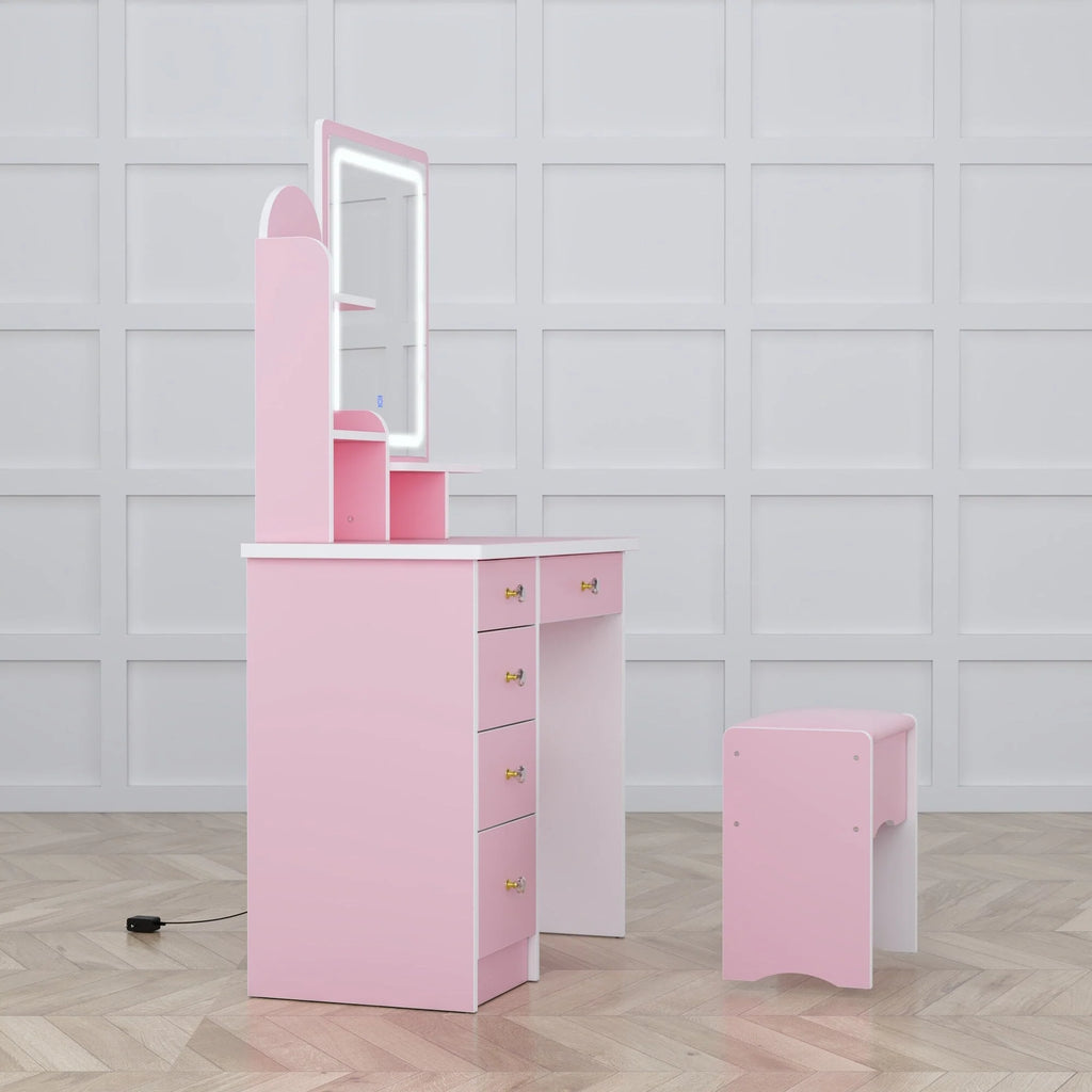 Coiffeuse avec miroir LED intégré et tabouret