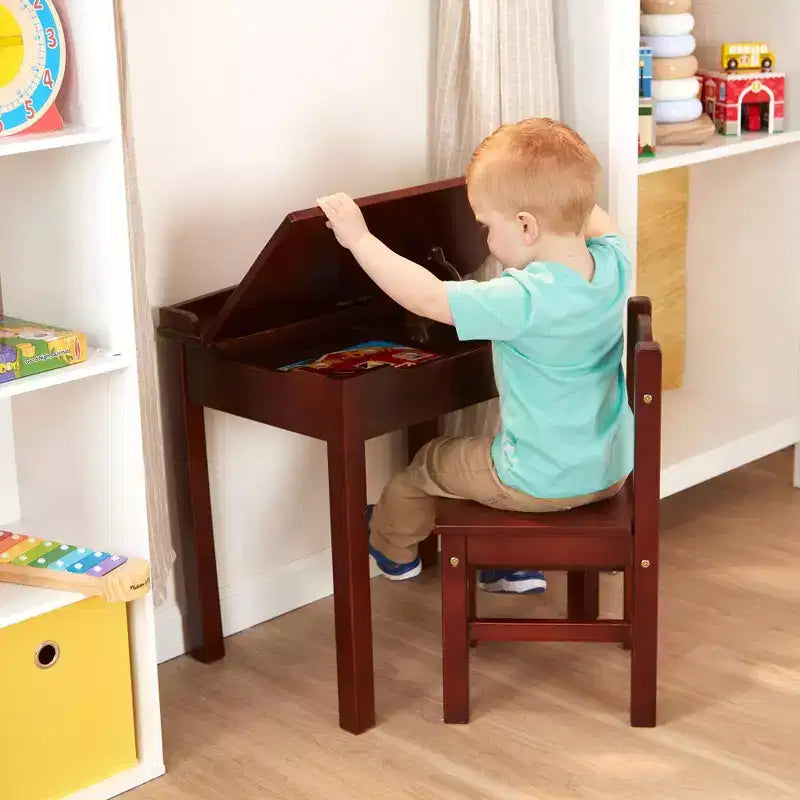 Melissa & Doug – Bureau et chaise pour enfant avec plateau relevable en bois – Expresso : Ensembles de mobilier de bureau, cadre en bois, rangement fermé