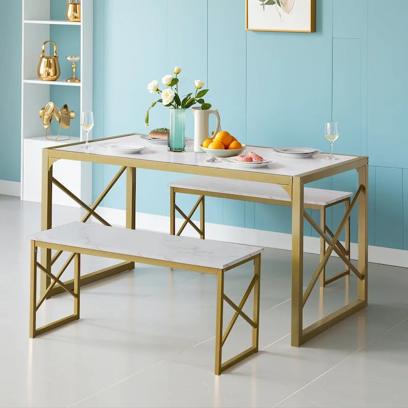 Table à manger 3 pièces VECELO avec banc, ensemble de table de salle à manger pour 4-6 personnes, table de cuisine avec 2 bancs, ensemble de table à manger