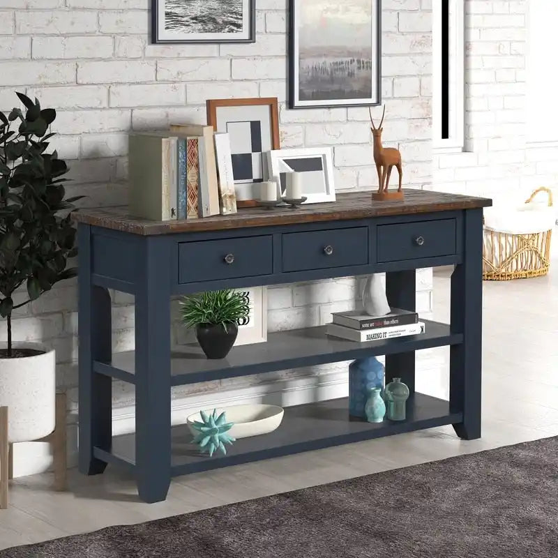 Console en bois avec 3 tiroirs de rangement et 2 étagères