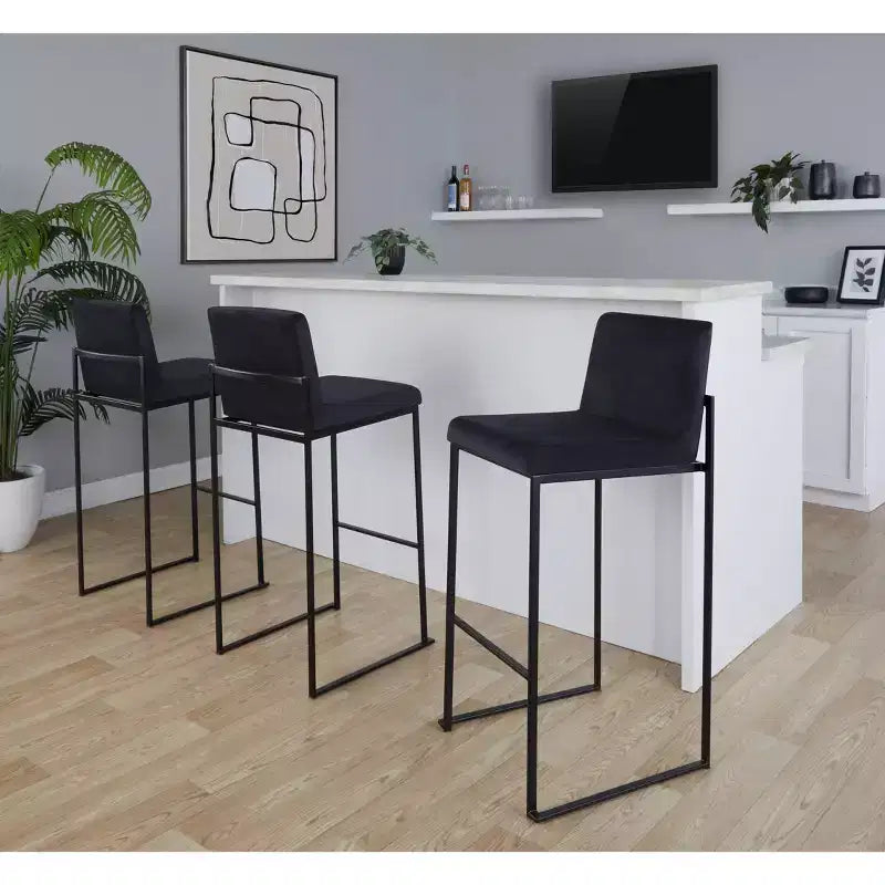 LumiSource Set of 3 Fuji High Back Barstools Black Steel/Black Velvet