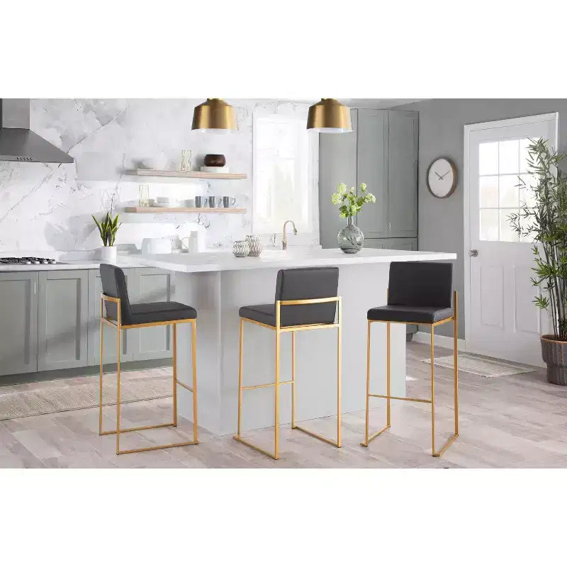 LumiSource Set of 3 Fuji High Back Barstools Gold Steel/Gray PU