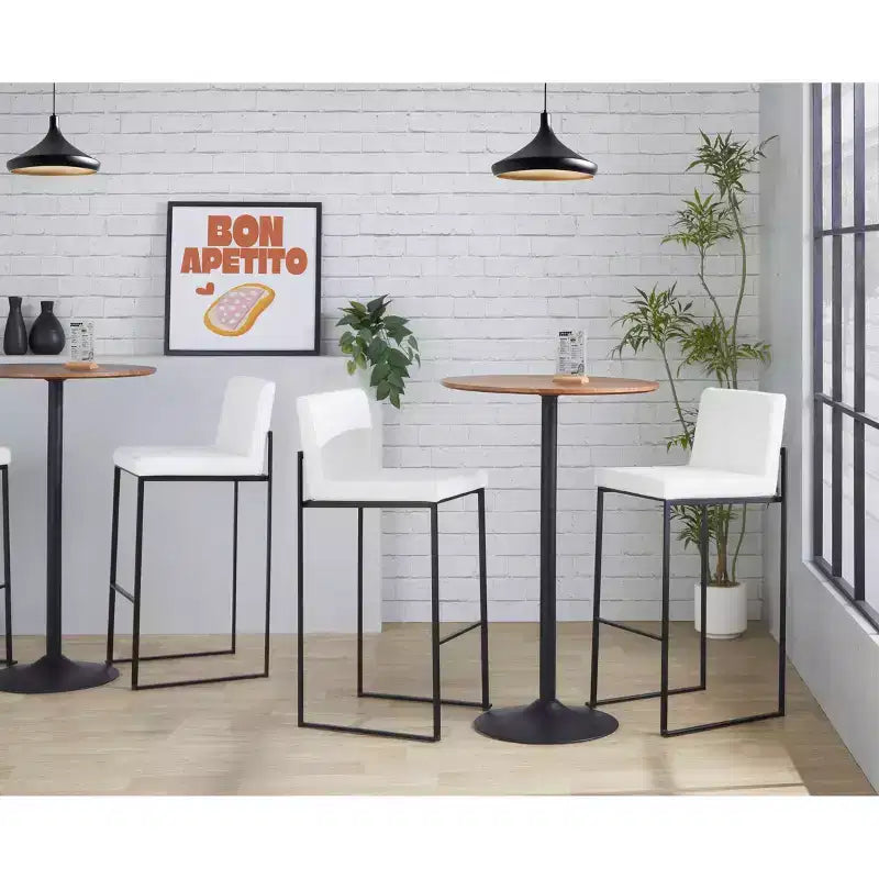 LumiSource Set of 3 Fuji High Back Barstools Black Steel/White PU