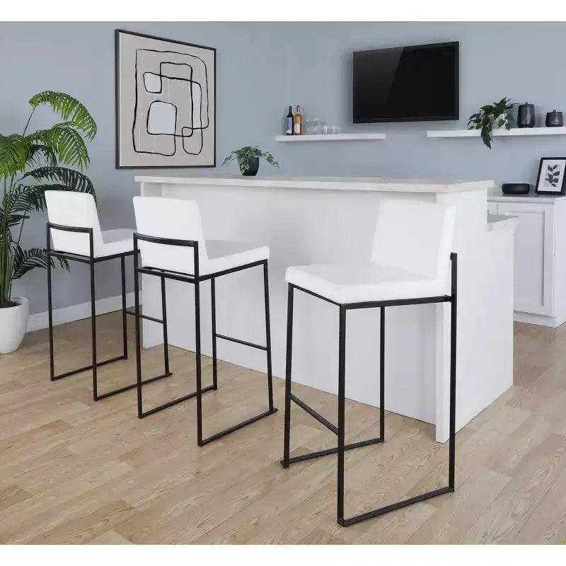 LumiSource Set of 3 Fuji High Back Barstools Black Steel/White PU