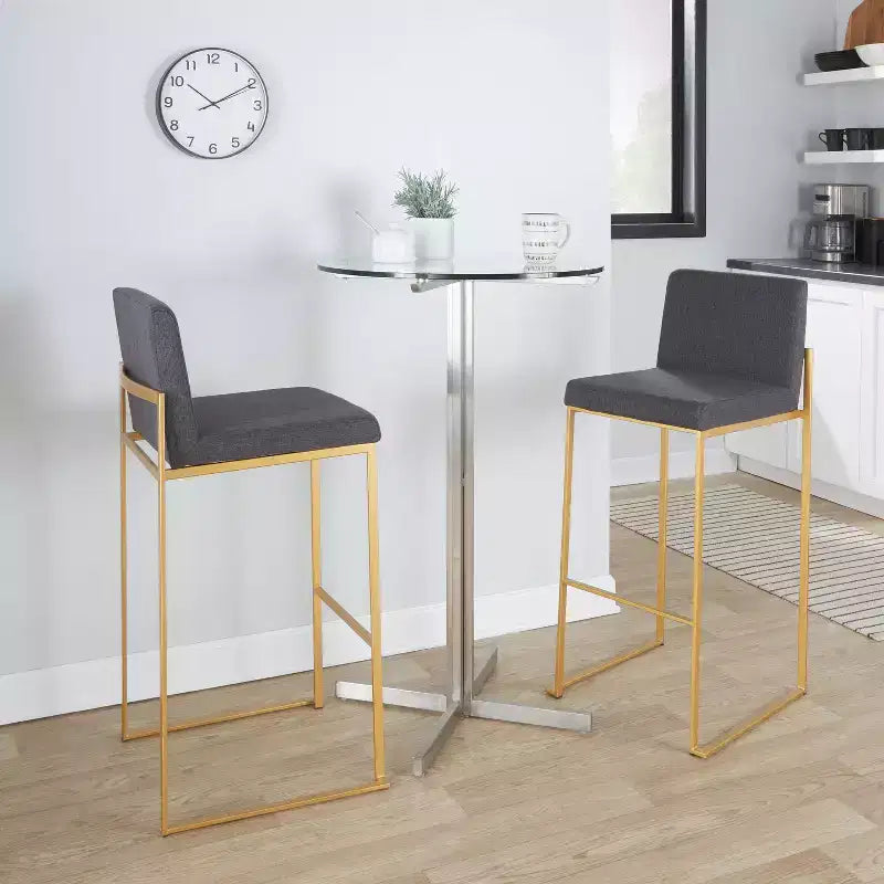 LumiSource - Lot de 3 tabourets de bar à dossier haut Fuji, acier doré/tissu anthracite