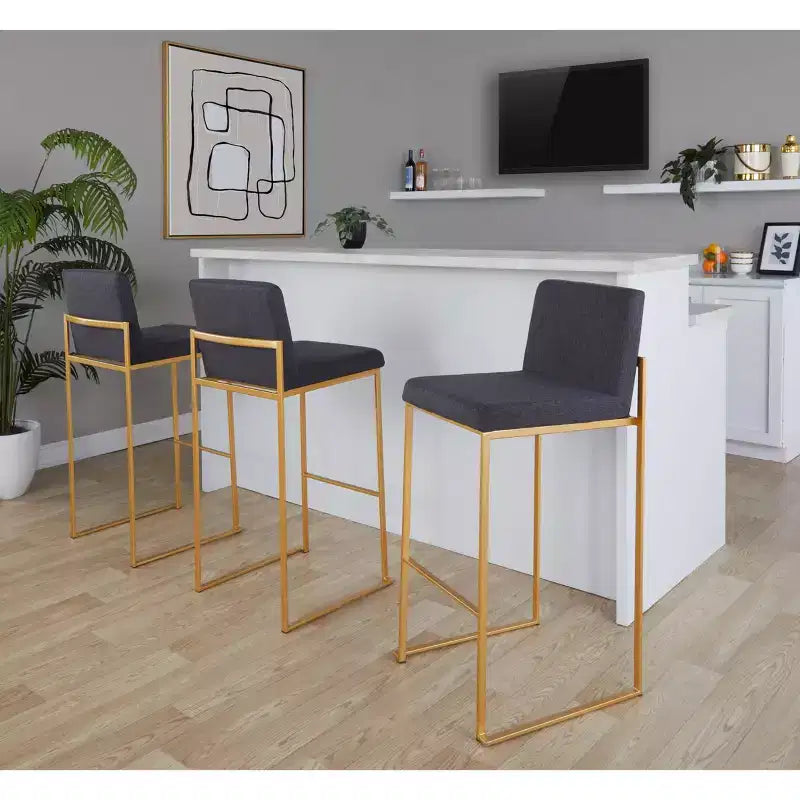LumiSource - Lot de 3 tabourets de bar à dossier haut Fuji, acier doré/tissu anthracite