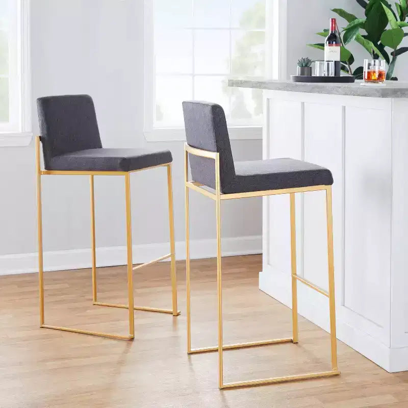 LumiSource - Lot de 3 tabourets de bar à dossier haut Fuji, acier doré/tissu anthracite