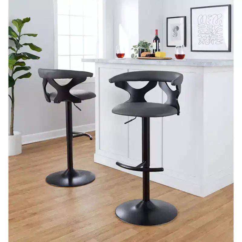 LumiSource Set of 2 Gardenia Adjustable Barstools Black Wood/Black Metal/Gray PU