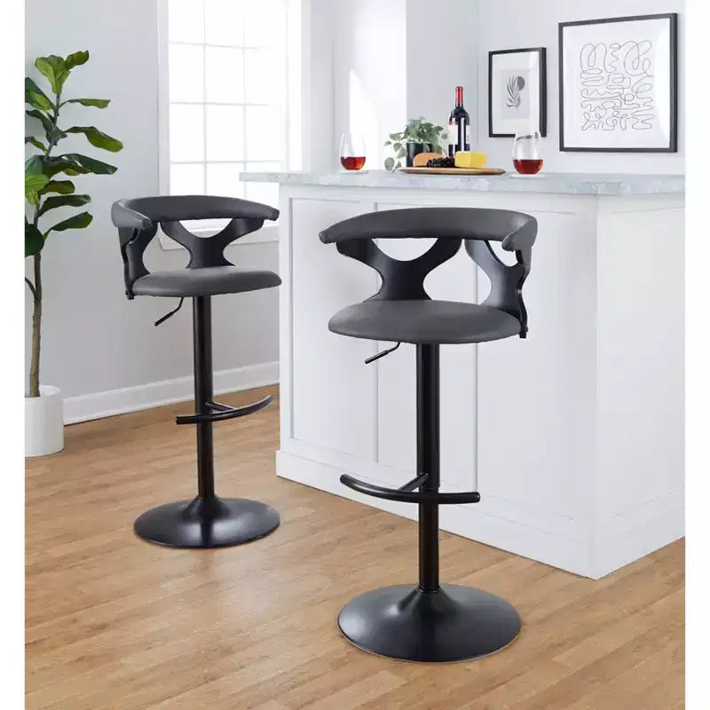 LumiSource Set of 2 Gardenia Adjustable Barstools Black Wood/Black Metal/Gray PU