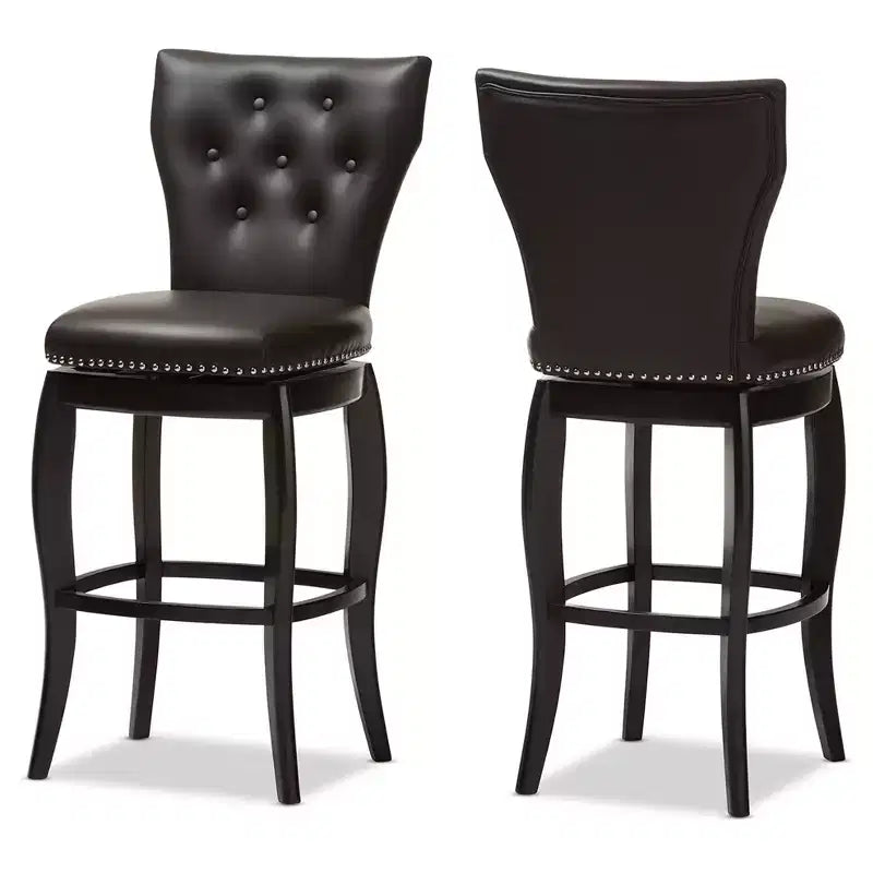 Baxton Studio 29" Leonice Faux Leather Upholstered Button Tufted Swivel Barstool Dark Brown: Rubberwood Frame, Padded Back