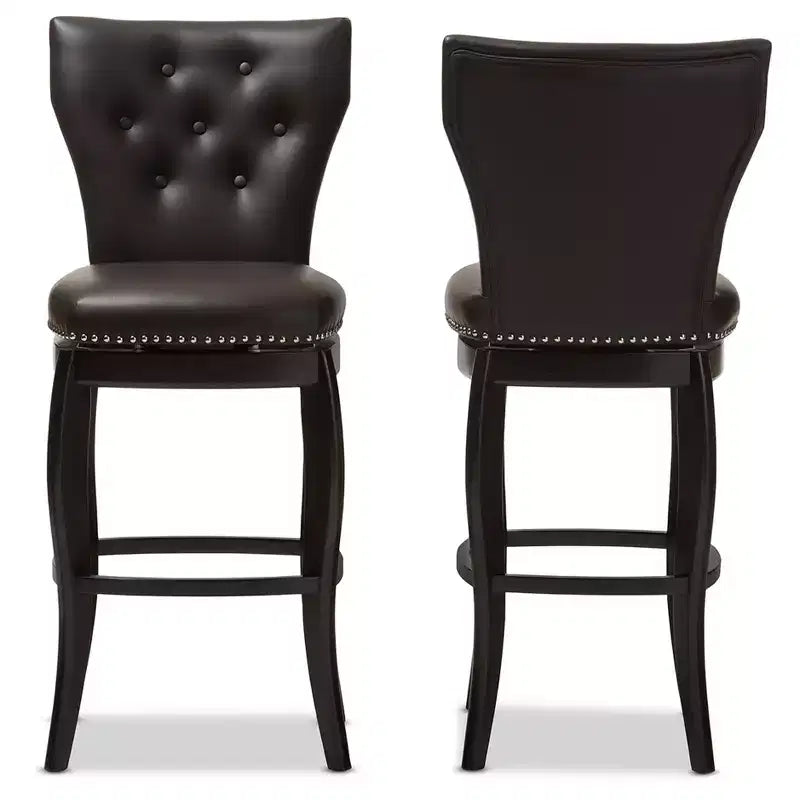 Baxton Studio 29" Leonice Faux Leather Upholstered Button Tufted Swivel Barstool Dark Brown: Rubberwood Frame, Padded Back