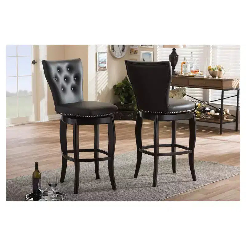 Baxton Studio 29" Leonice Faux Leather Upholstered Button Tufted Swivel Barstool Dark Brown: Rubberwood Frame, Padded Back