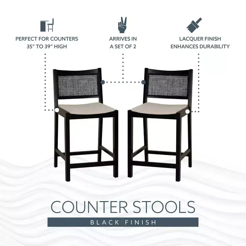 Powell Set of 2 Bessie Cane Counter Height Barstools Black