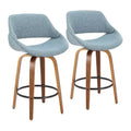 LumiSource Set of 2 Fabrico Mid Century Modern Counter Height Barstool Walnut/Blue:: Swivel, Polyester Upholstery, Wood Legs