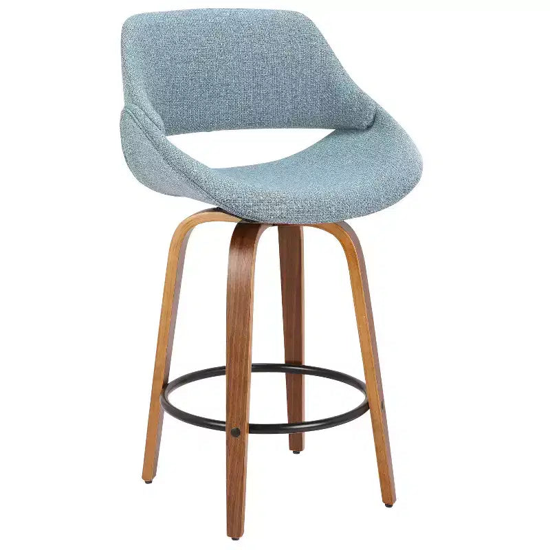 LumiSource Set of 2 Fabrico Mid Century Modern Counter Height Barstool Walnut/Blue:: Swivel, Polyester Upholstery, Wood Legs