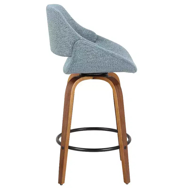 LumiSource Set of 2 Fabrico Mid Century Modern Counter Height Barstool Walnut/Blue:: Swivel, Polyester Upholstery, Wood Legs