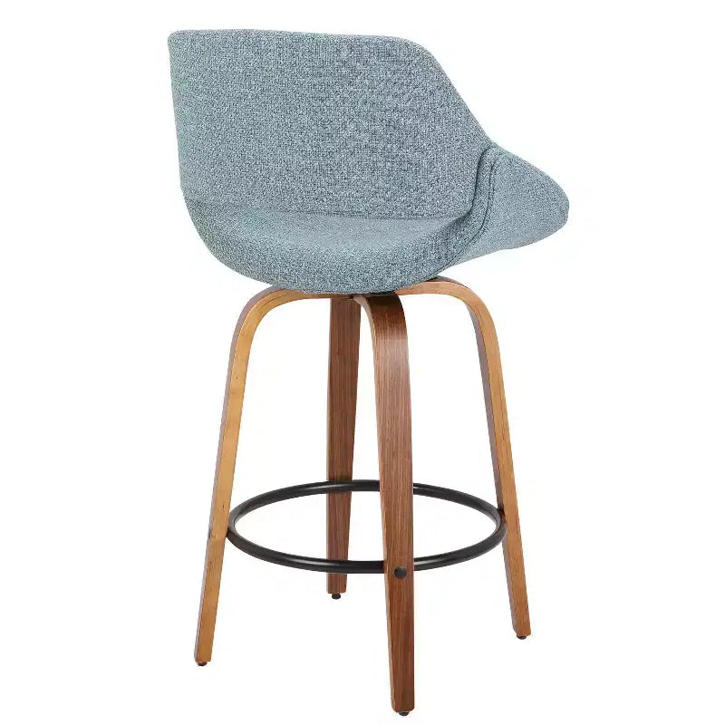 LumiSource Set of 2 Fabrico Mid Century Modern Counter Height Barstool Walnut/Blue:: Swivel, Polyester Upholstery, Wood Legs