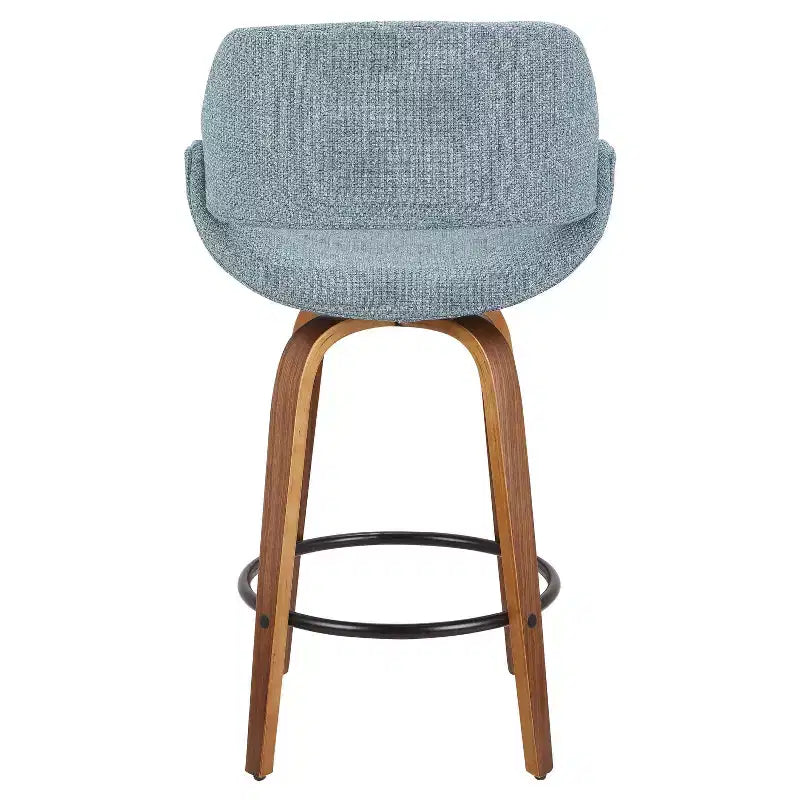 LumiSource Set of 2 Fabrico Mid Century Modern Counter Height Barstool Walnut/Blue:: Swivel, Polyester Upholstery, Wood Legs