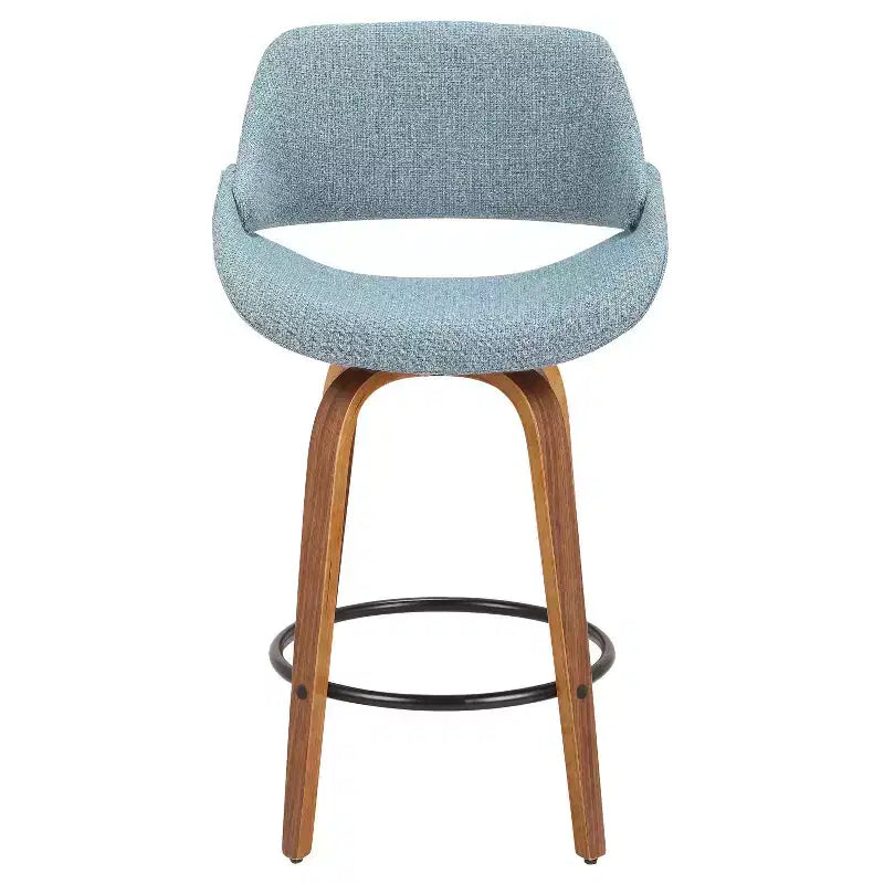 LumiSource Set of 2 Fabrico Mid Century Modern Counter Height Barstool Walnut/Blue:: Swivel, Polyester Upholstery, Wood Legs