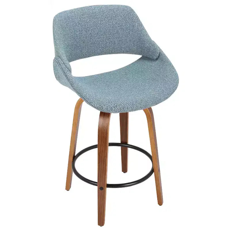 LumiSource Set of 2 Fabrico Mid Century Modern Counter Height Barstool Walnut/Blue:: Swivel, Polyester Upholstery, Wood Legs