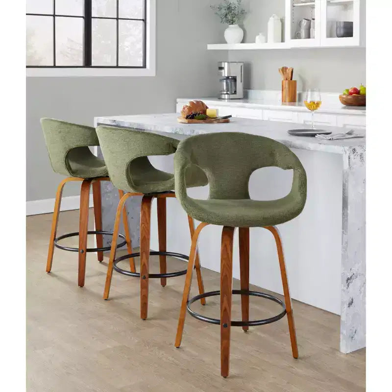 LumiSource Set of 2 Curva Counter Height Barstools Walnut Wood/Green Fabric