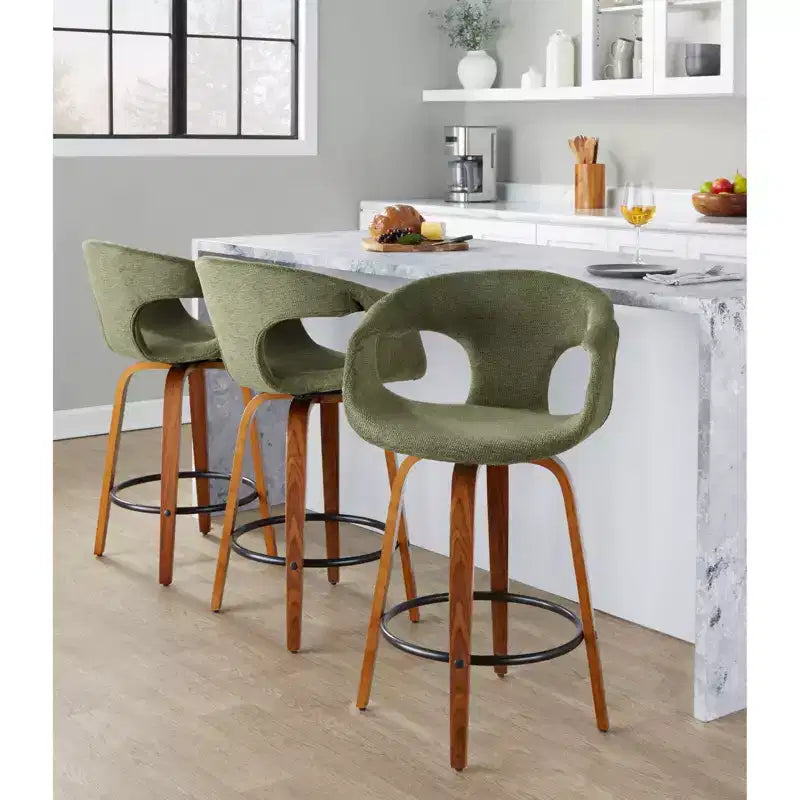 LumiSource Set of 2 Curva Counter Height Barstools Walnut Wood/Green Fabric