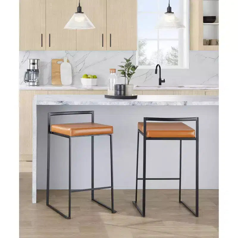 LumiSource Set of 3 Fuji Stacker Counter Height Barstools Black Metal/Camel PU