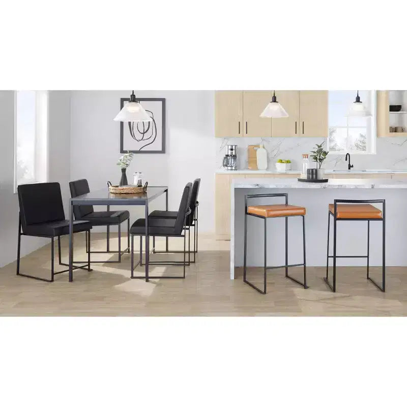 LumiSource Set of 3 Fuji Stacker Counter Height Barstools Black Metal/Camel PU