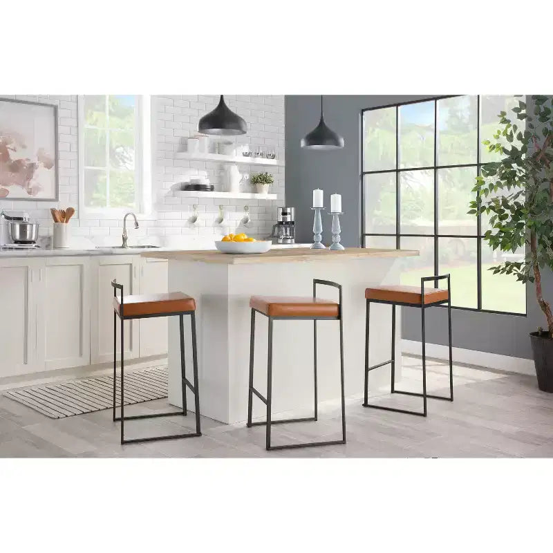 LumiSource Set of 3 Fuji Stacker Counter Height Barstools Black Metal/Camel PU