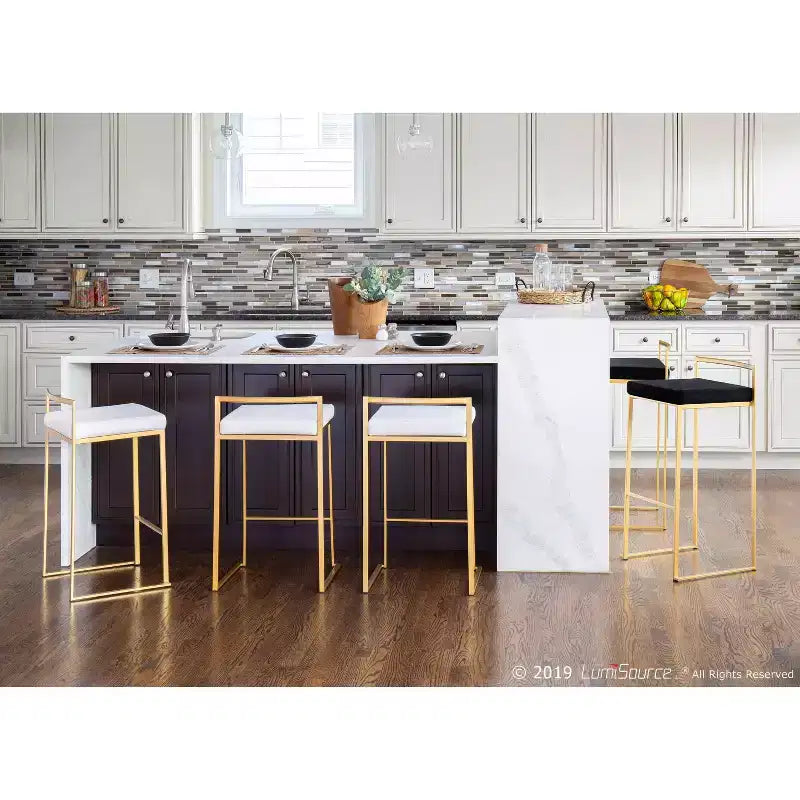 LumiSource Set of 2 Fuji Stackable Barstools White: Velvet Upholstered, Gold Frame