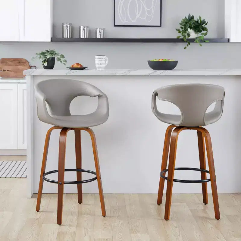 LumiSource Set of 2 Curva Barstools Walnut Wood/Light Gray PU