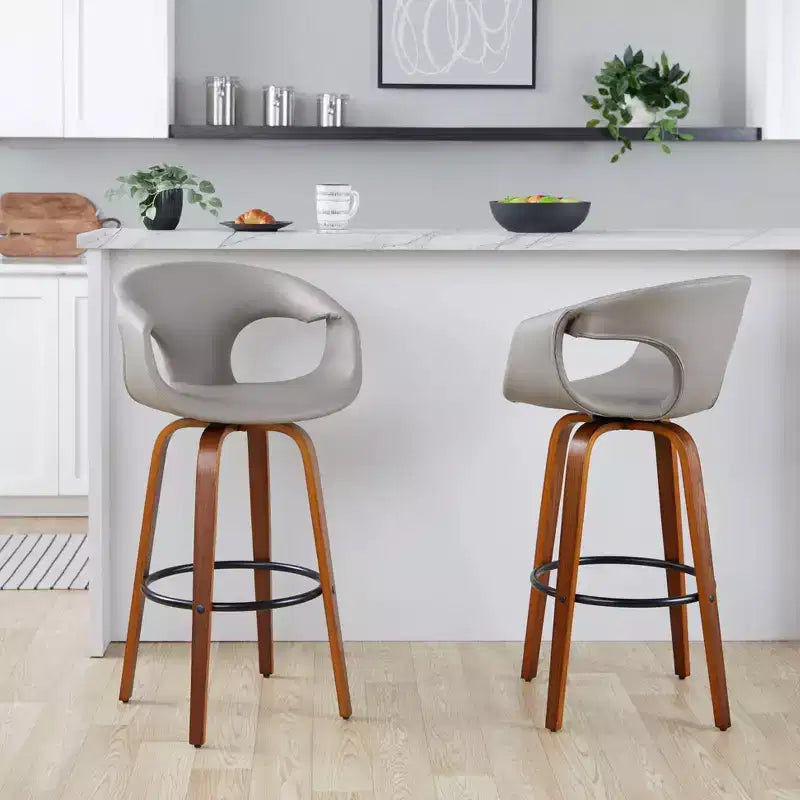 LumiSource Set of 2 Curva Barstools Walnut Wood/Light Gray PU