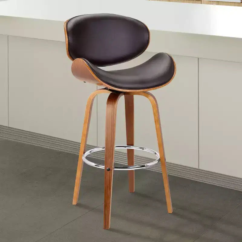 26" Caswell Mid-Century Swivel Counter Height Barstool Brown - Armen Living: Walnut Frame, Faux Leather