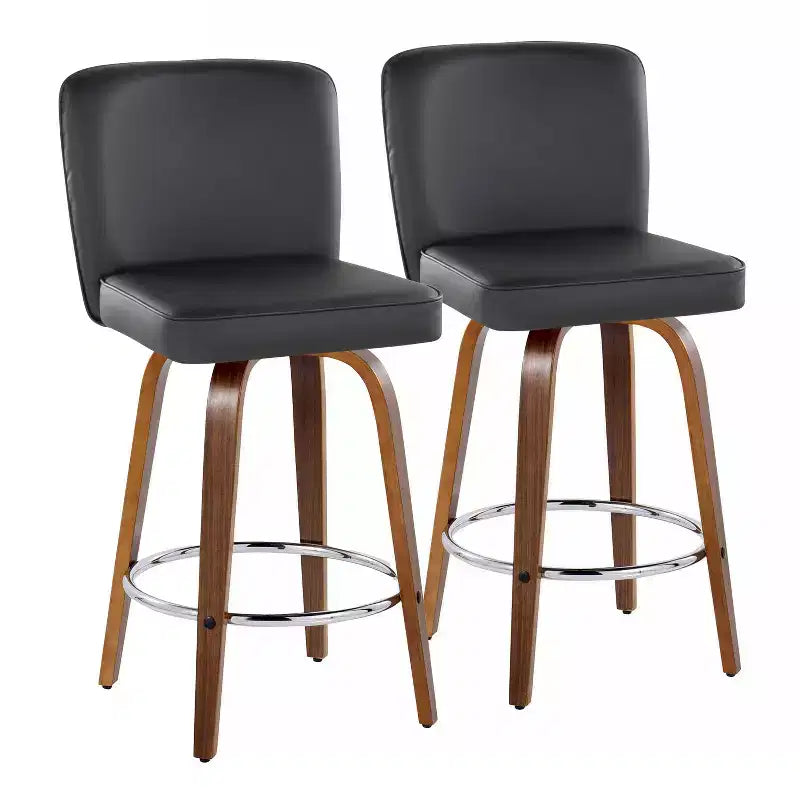LumiSource Set of 2 Henry Counter Height Barstools Walnut Wood/Black PU
